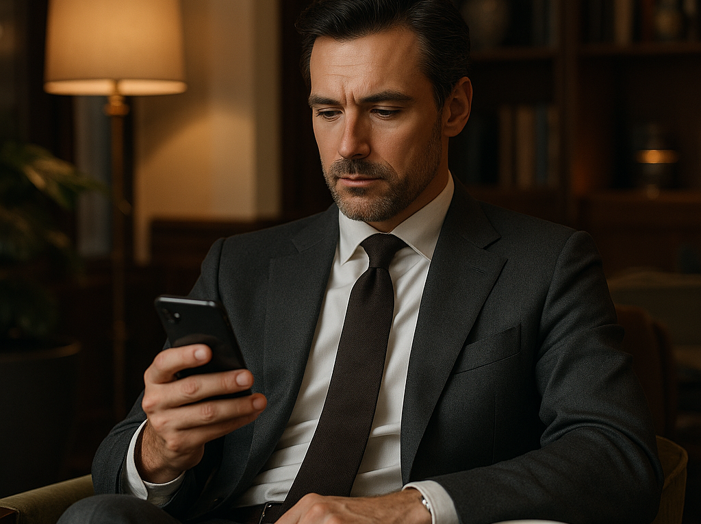 Man in a dark suit seated in a cafe, looking at his smartphone with a coffee cup on the table nearby.