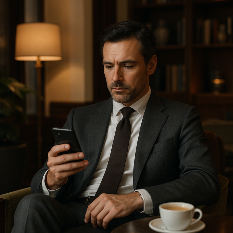 Man in a dark suit seated in a cafe, looking at his smartphone with a coffee cup on the table nearby.