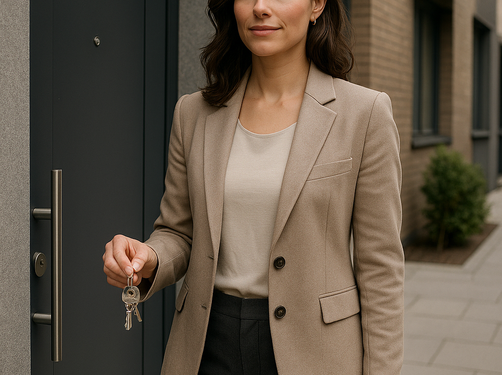 Professional woman in a beige blazer and black pants stands outside a building, holding a set of keys near a dark entry door.