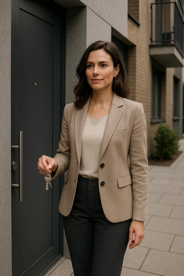 Professional woman in a beige blazer and black pants stands outside a building, holding a set of keys near a dark entry door.