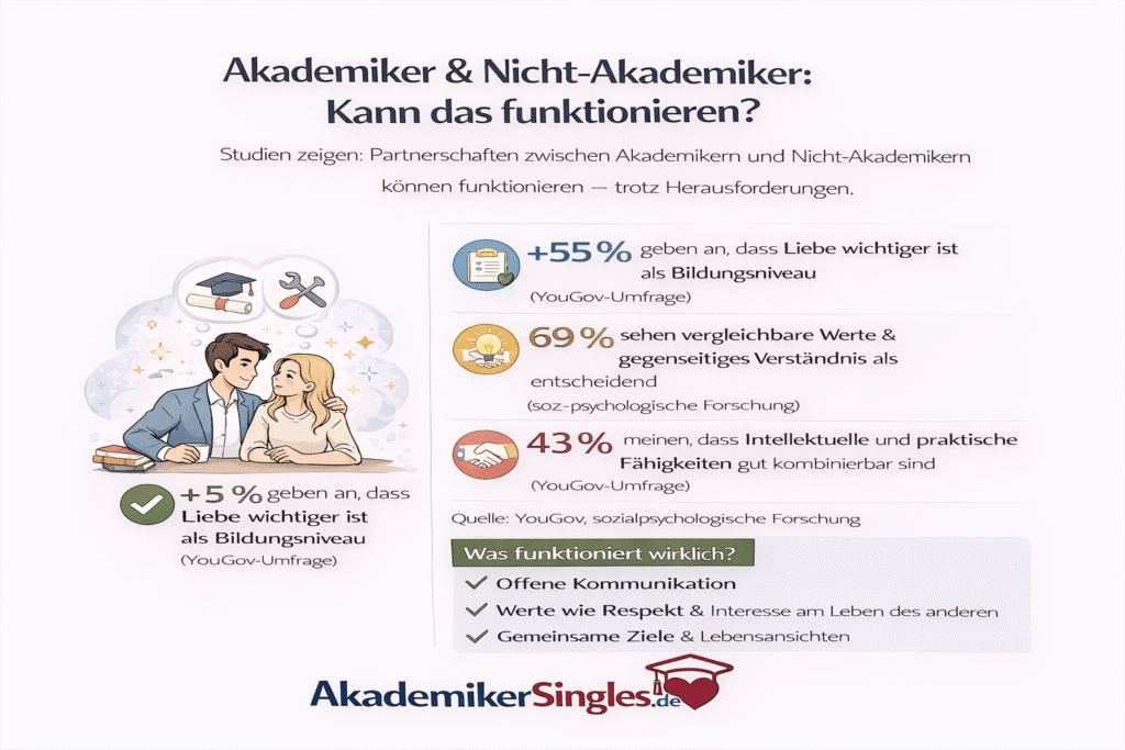 Infographic comparing academics and non-academics: couple at left, statistics on right about values in relationships and education (YouGov data).