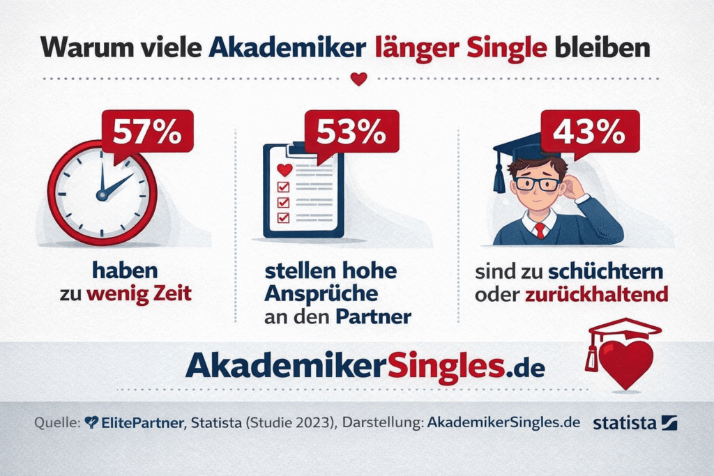 Infografik über Gründe, warum Akademiker länger Single bleiben: 57% haben zu wenig Zeit; 53% stellen hohe Ansprüche an den Partner; 43% sind zu schüchtern oder zurückhaltend. Quelle: ElitePartner/Statista, Darstellung von AkademikerSingles.de.