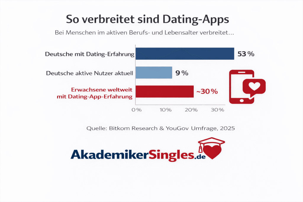 Infographic showing dating-app usage: 53% of Germans with dating experience, 9% active users, ~30% worldwide with dating app experience; data from Bitkom/YouGov 2025; AkademikerSingles logo bottom right.