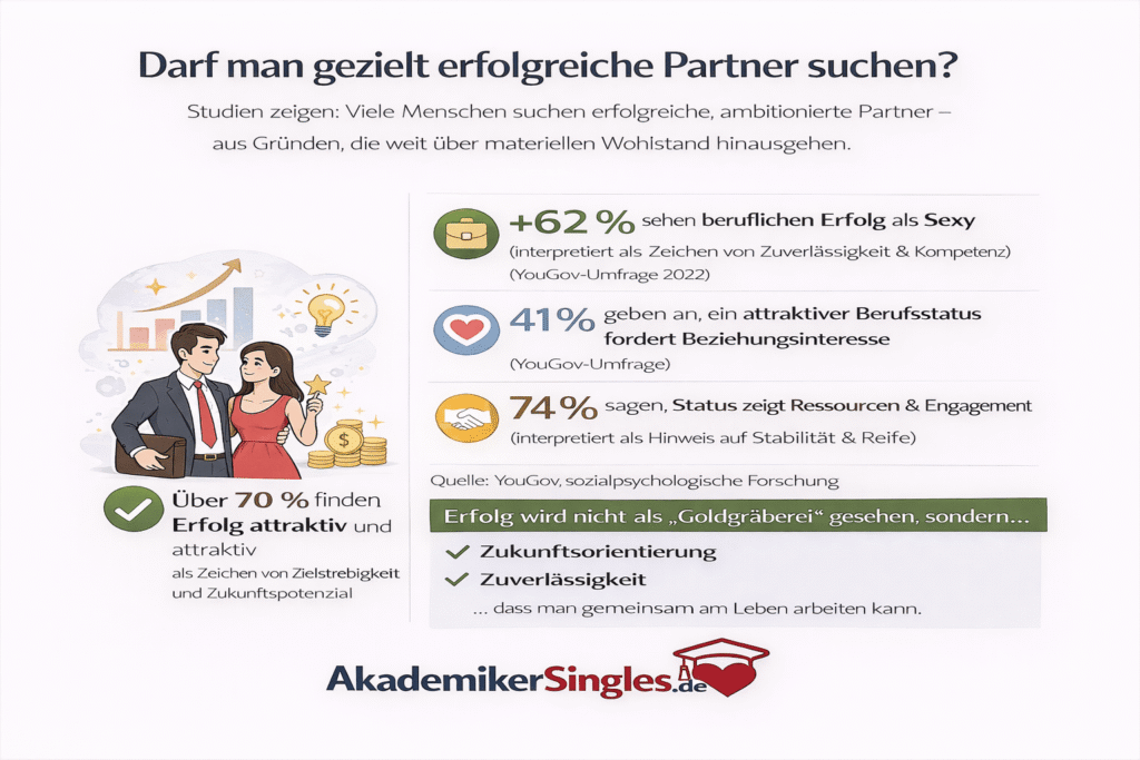 Infografik in Deutsch: Links ein Paar neben Diagrammen und Münzen; rechts drei statistische Punkte: +62% beruflicher Erfolg wird als sexy gesehen, 41% geben Beziehungsinteresse an, 74% sehen Ressourcen und Engagement; unten Quelle YouGov; Logo AkademikerSingles.de.