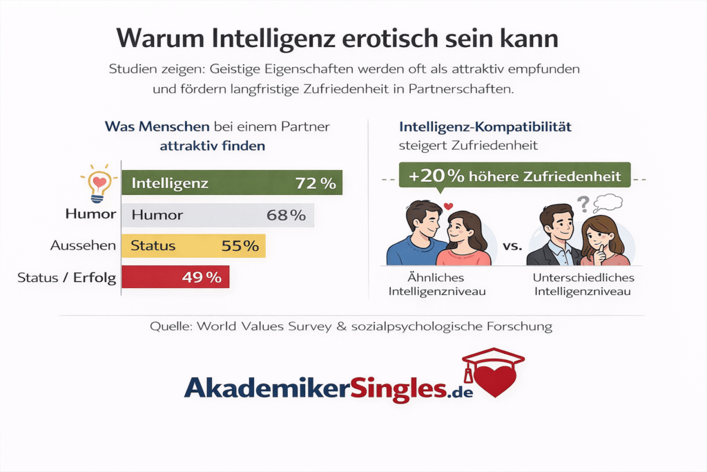 Infografik über Partnerwahl: Titel 'Warum Intelligenz erotisch sein kann'. Linke Spalte zeigt Werte: Intelligenz 72%, Humor 68%, Aussehen 55%, Status/Erfolg 49%. Rechte Spalte: Intelligenz-Kompatibilität +20% Zufriedenheit; Illustration mit Paaren demonstriert ähnliches vs unterschiedliches Intelligenzniveau.