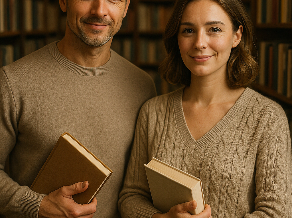 Two adults stand in a library aisle, each holding a book and smiling warmly at the camera.