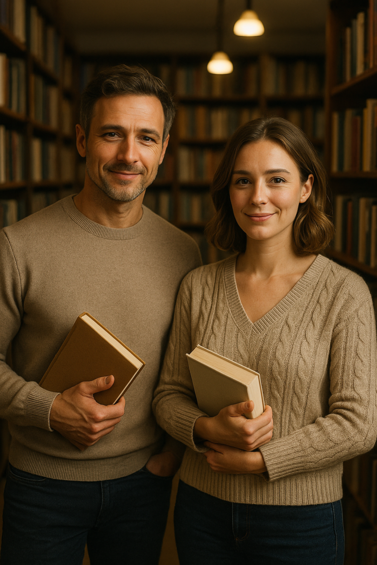 Two adults stand in a library aisle, each holding a book and smiling warmly at the camera.
