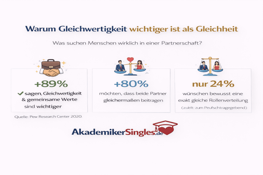 Infographic with three panels showing partnership statistics: 89% say equality and shared values are important, 80% want both partners to contribute equally, and 24% wish for equal division of roles; source Pew 2020; AkademikerSingles branding at bottom.