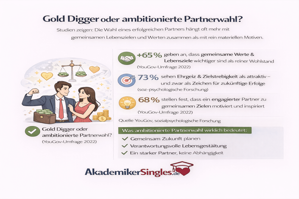 Infographic comparing 'Gold Digger oder ambitionierte Partnerwahl?' mit einem Paar links und drei Faktkästen rechts über Werte, Ehrgeiz und Zukunftsziele, Logo unten.