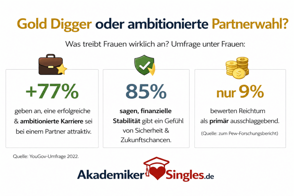 Infografik: Frauenbefragung zur Partnerwahl – 77% priorisieren Karriere, 85% finanzielle Stabilität, 9% Reichtum als primäres Kriterium (Quelle YouGov 2022).