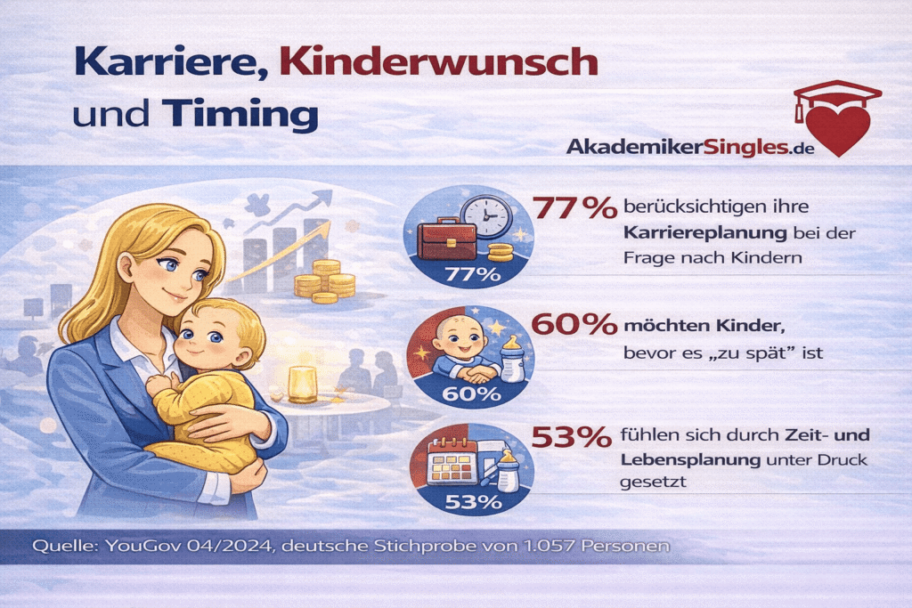 Poster: Frau mit Baby; Titel 'Karriere, Kinderwunsch und Timing' mit AkademikerSingles.de-Logo; Statistiken zu Karriereplanung, Timing und Druck (77%, 60%, 53%); Quelle YouGov.