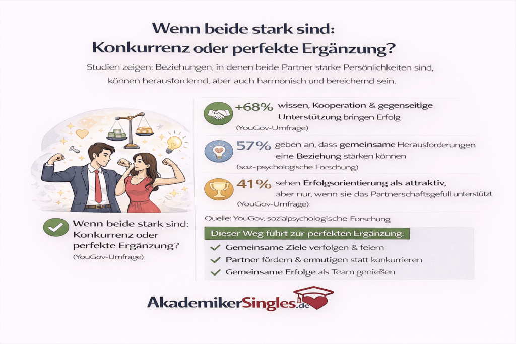 Infografik: Paar zeigt Stärke in Beziehung; Titel ‚Wenn beide stark sind: Konkurrenz oder perfekte Ergänzung?‘ mit Umfrage-Ergebnissen rechts und Illustration links.