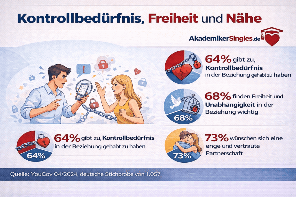Infografik über Beziehungsbedürfnisse: Kontrolle, Freiheit und Nähe mit Diagrammen und Prozentzahlen (64%, 68%, 73%)