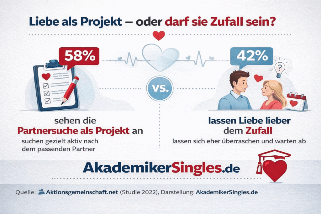 Infografik: 58% suchen Partnerschaft als Projekt, 42% lassen Liebe Zufall sein, mit Herzsymbole und VS-Zeichen in der Mitte.