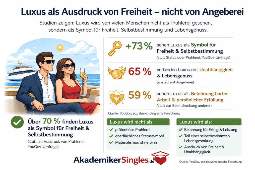 Infografik: Luxus als Symbol für Freiheit; Paar auf Yacht links, Statistiken zu Freiheit, Selbstbestimmung und Lebensgenuss rechts.