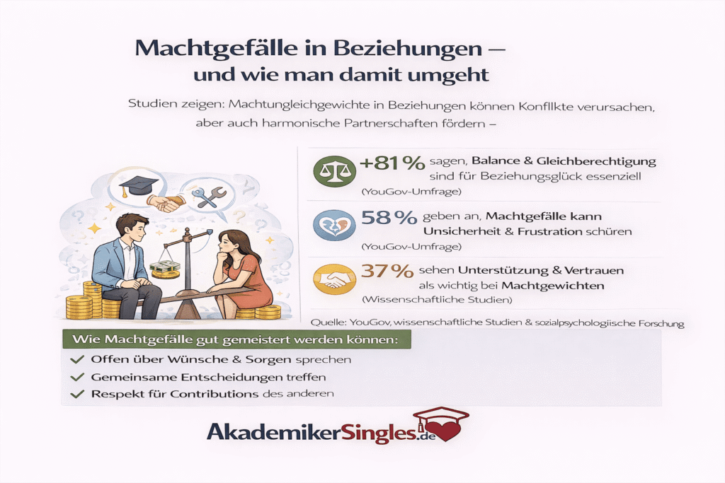 Infografik über Machtgefälle in Beziehungen: Paar auf einer Waage, mit YouGov-Daten (+81%, 58%, 37%) und Tipps für eine gerechte Partnerschaft (Quelle YouGov).