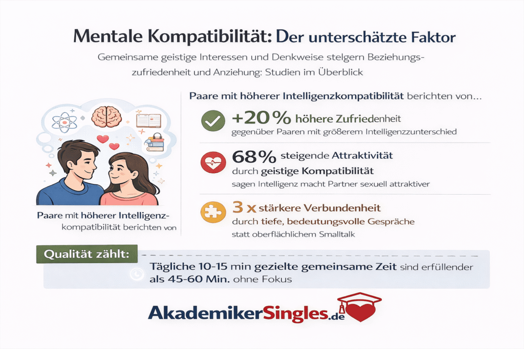 Infografik zur mentalen Kompatibilität: Paare berichten von höherer Zufriedenheit, größerer Attraktivität und stärkerer Verbundenheit.