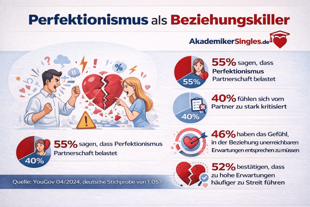 Infographic about perfectionism harming relationships: 55% say it burdens partnerships, with pie charts and a broken heart image on the left and a couple arguing on the right. Source: YouGov 04/2024 (German sample).