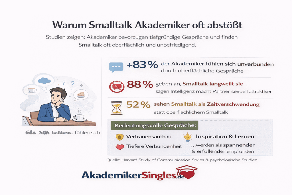 Infografik über Smalltalk: Studie zeigt Gründe, warum Akademiker oft oberflächlich Smalltalk vermeiden und welche Vorteile tiefer Gespräche bringen können (mit Diagrammen und Statistiken).