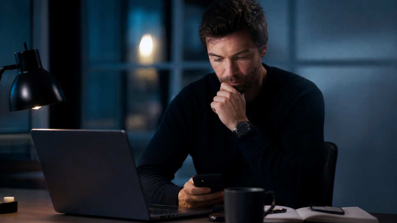 Man in a dark sweater sits at a desk at night, looking at his smartphone beside a laptop and mug.