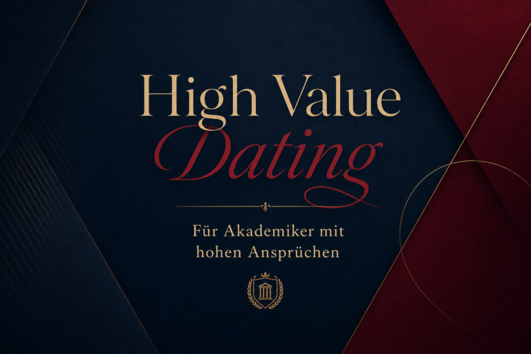 Elegant poster for 'High Value Dating' with gold lettering and a crest on a dark blue background with maroon accents.